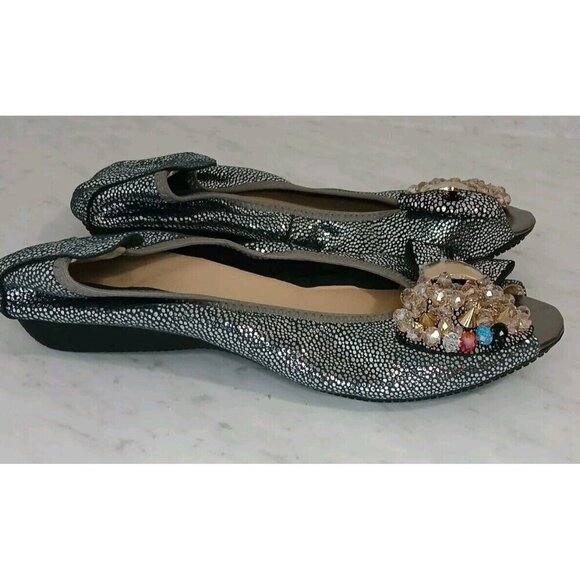 Silver Metallic Multi-colored Jewel Open Toe Ballerina Flats Size 7.5 -8 (US) - Picture 4 of 6